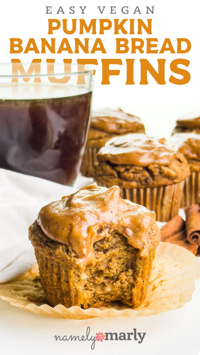 Vegan pumpkin banana bread muffin with a glazed top, served beside a cup of dark coffee and cinnamon sticks.