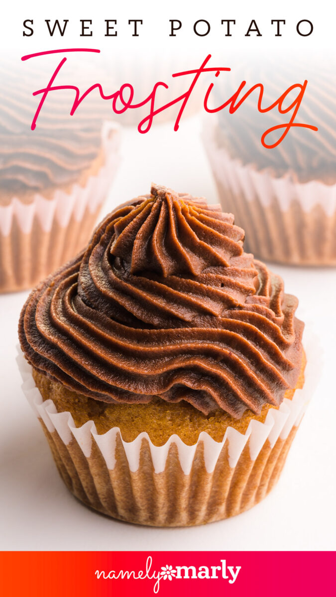 Cupcake topped with rich, swirled sweet potato frosting, set against a white background.