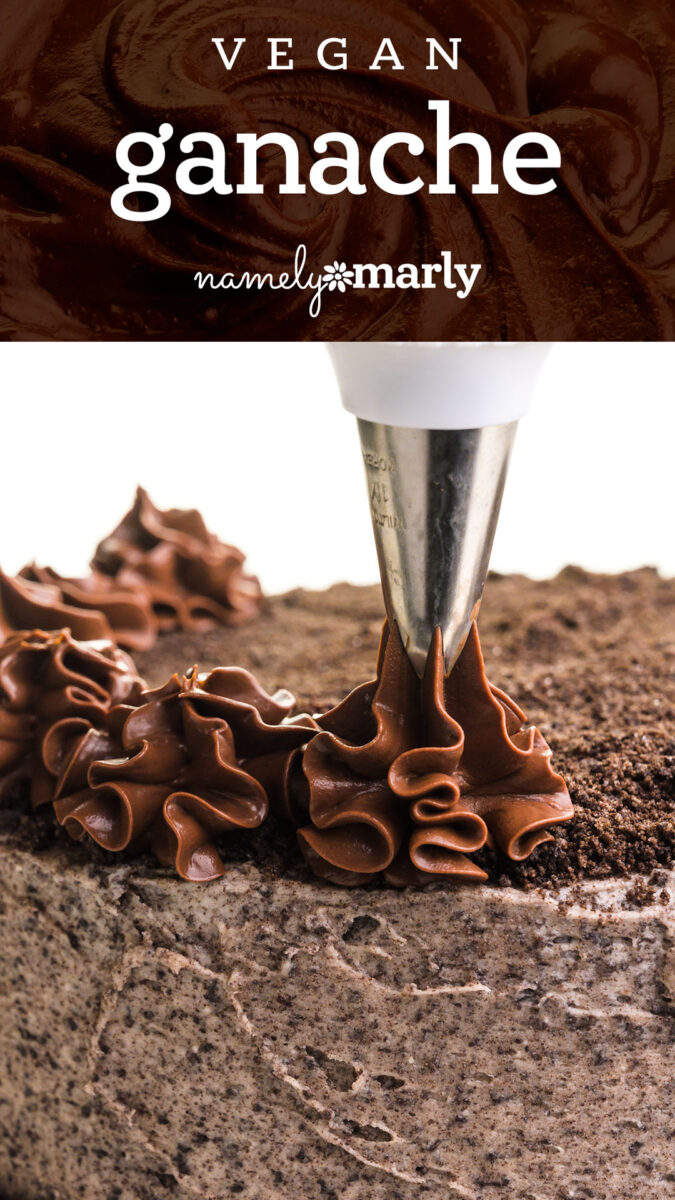 Piping vegan chocolate ganache onto a decorated dessert with a creamy, smooth texture.