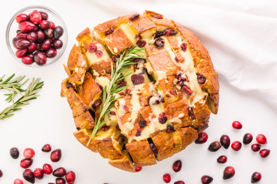 Looking down on a loaf of cranberry pull-apart bread.