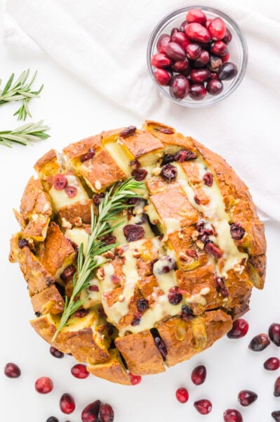 Looking down on a loaf of bread with herbs on top and dried cranberries.