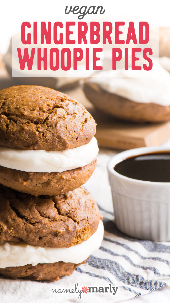 Vegan Gingerbread Whoopie Pies with an image of two whoopie pies stacked sitting next to a bowl of molasses