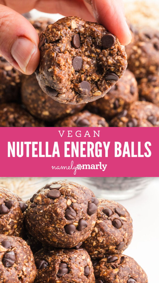 Vegan Nutella energy balls with chocolate chips, held in a hand and stacked in the background.