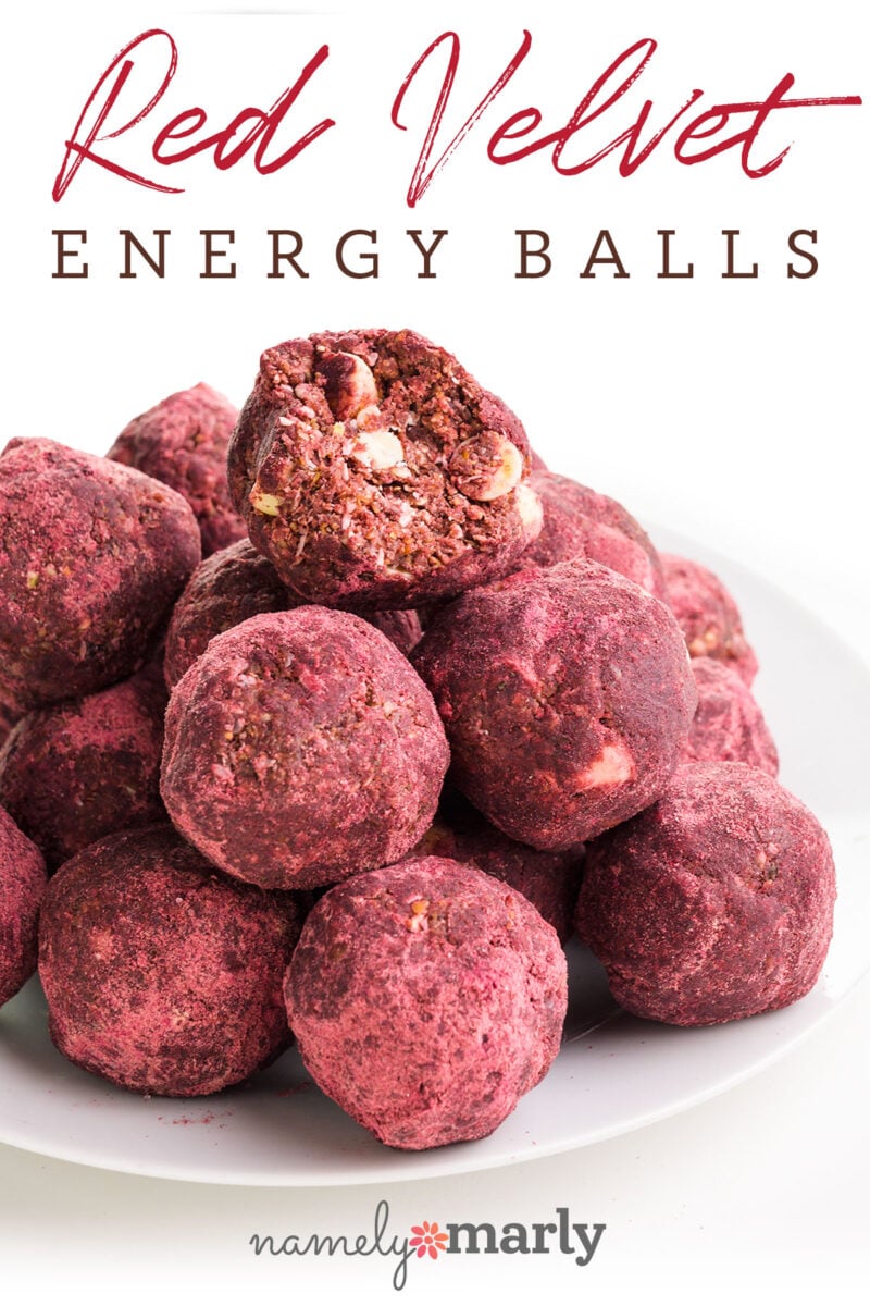 Red Velvet Energy Balls with image of a plate of red energy bites. One has a bite taken out.