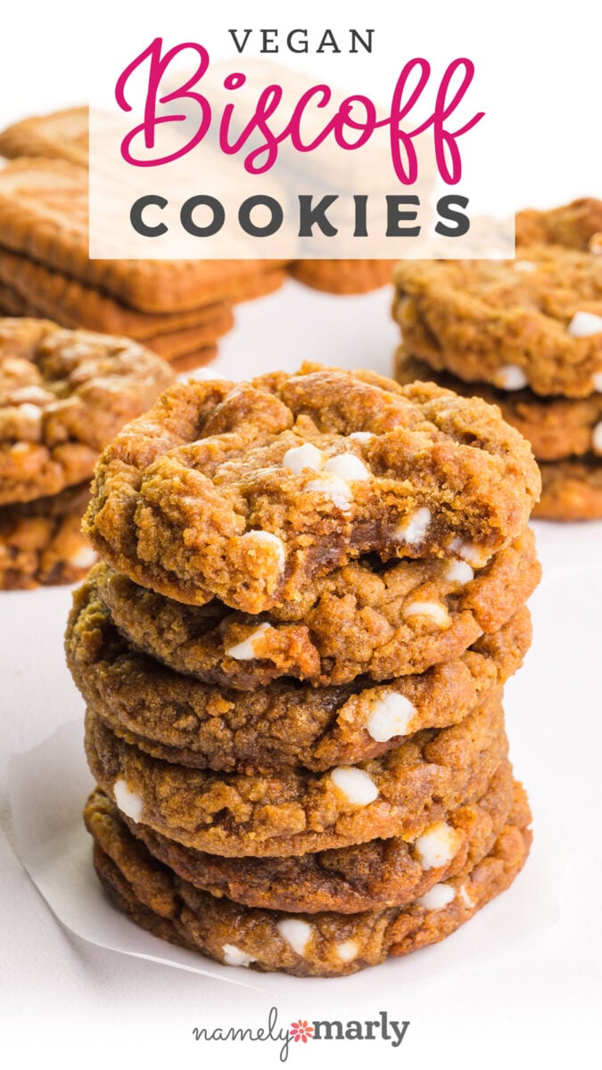 Vegan Biscoff Cookies with an image of a stack of cookies
