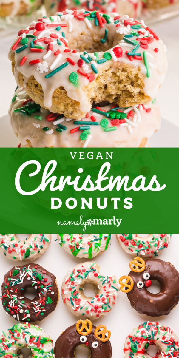 A collage of two images shows donuts with festive decorations. The text reads, Vegan Christmas Donuts.
