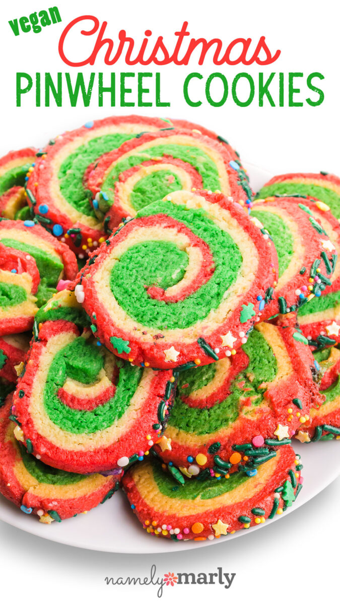 A stack of green and red-swirled cookies on a plate with text that says Vegan Christmas Pinwheel Cookies