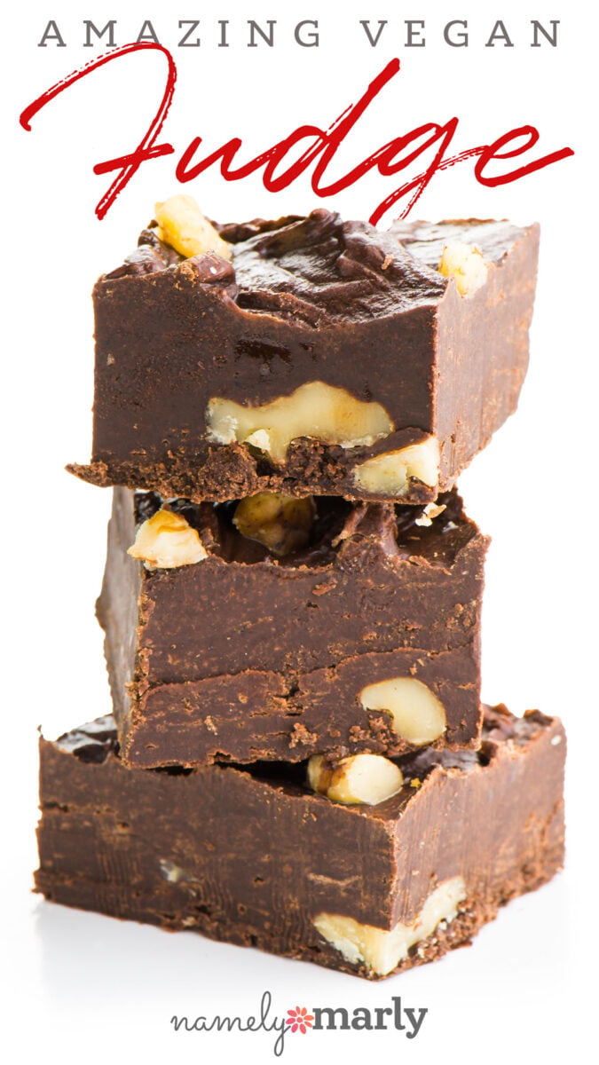 a stack of fudge with text that reads amazing vegan fudge and the namely marly logo