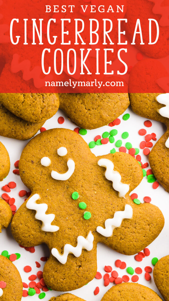 A decorated gingerbread man cookie has this text above it, Vegan Gingerbread Cookies.