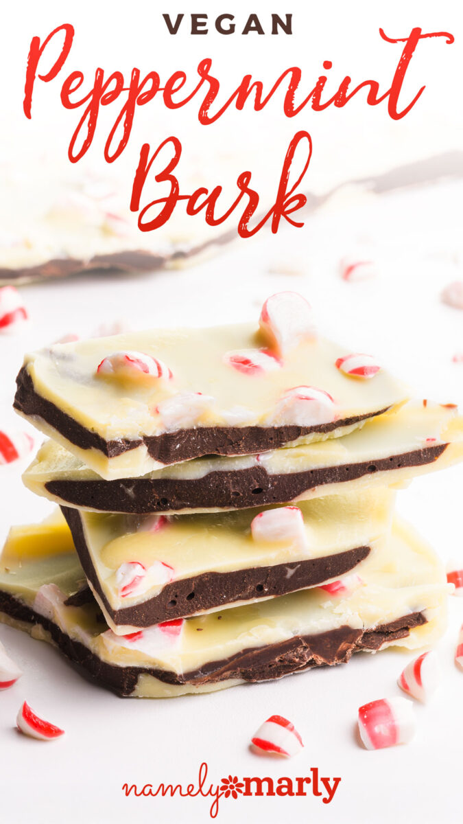 Vegan Peppermint Bark recipe with image of pieces of the candy stacked