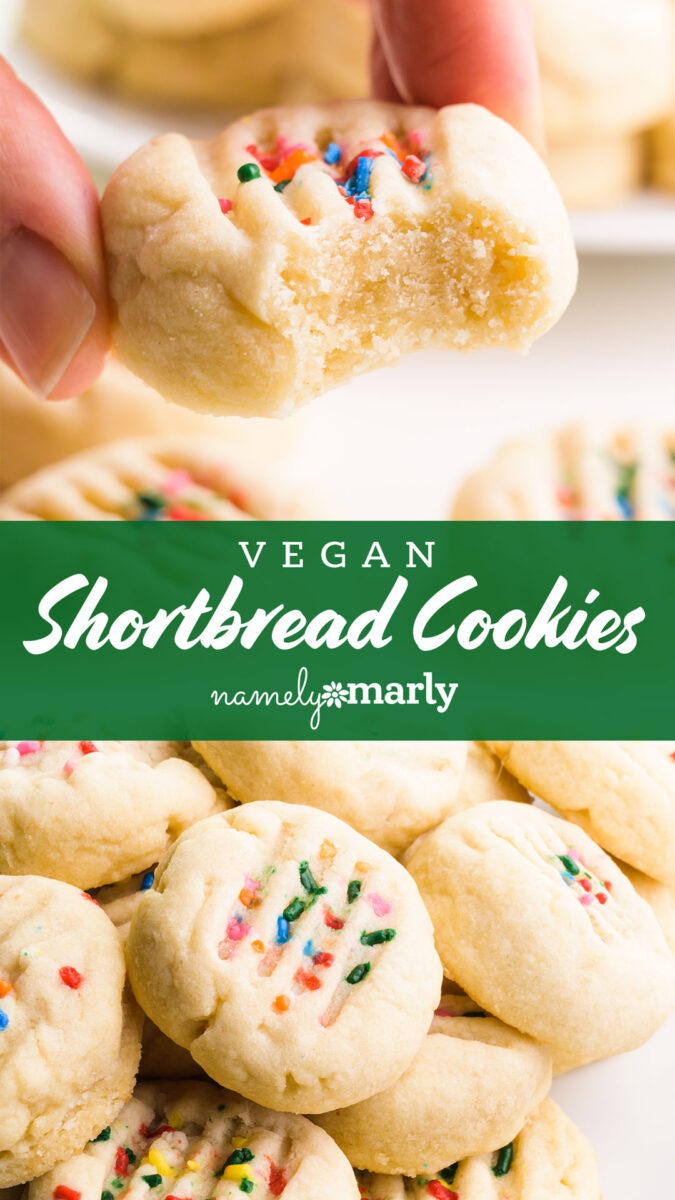 A collage of images shows cookies. The text reads, Vegan Shortbread Cookies.