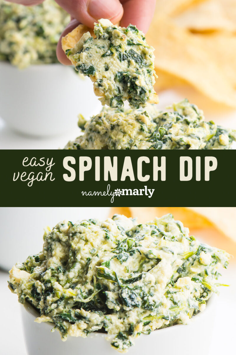 Easy Vegan Spinach Dip with an image above of a chip covered in spinach dip, and an image below of a bowl of spinach dip