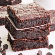 A stack of chickpea brownie slices.