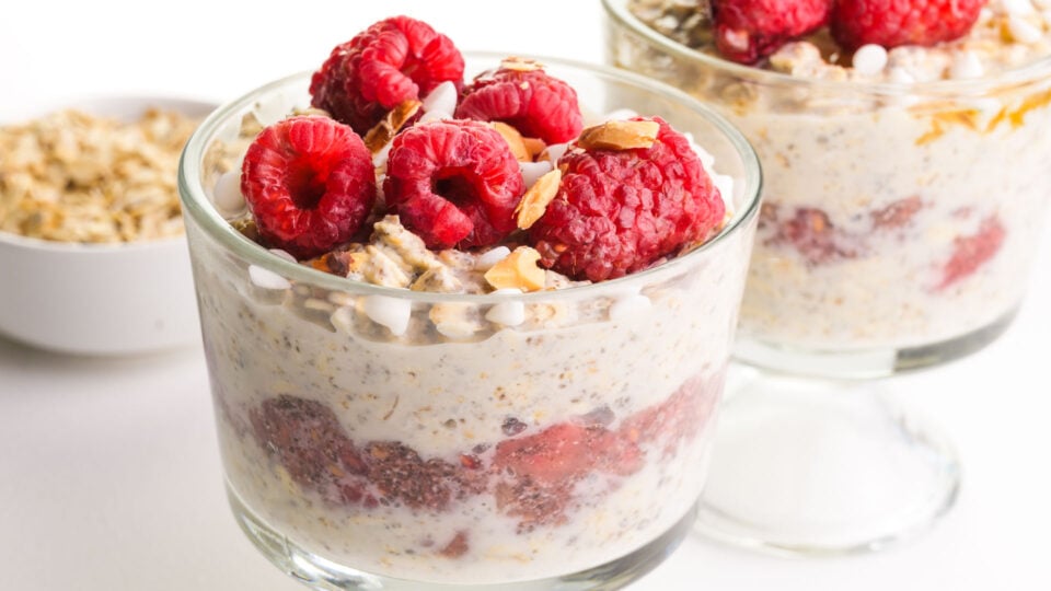 A beautiful presentation of overnights oats with raspberries.