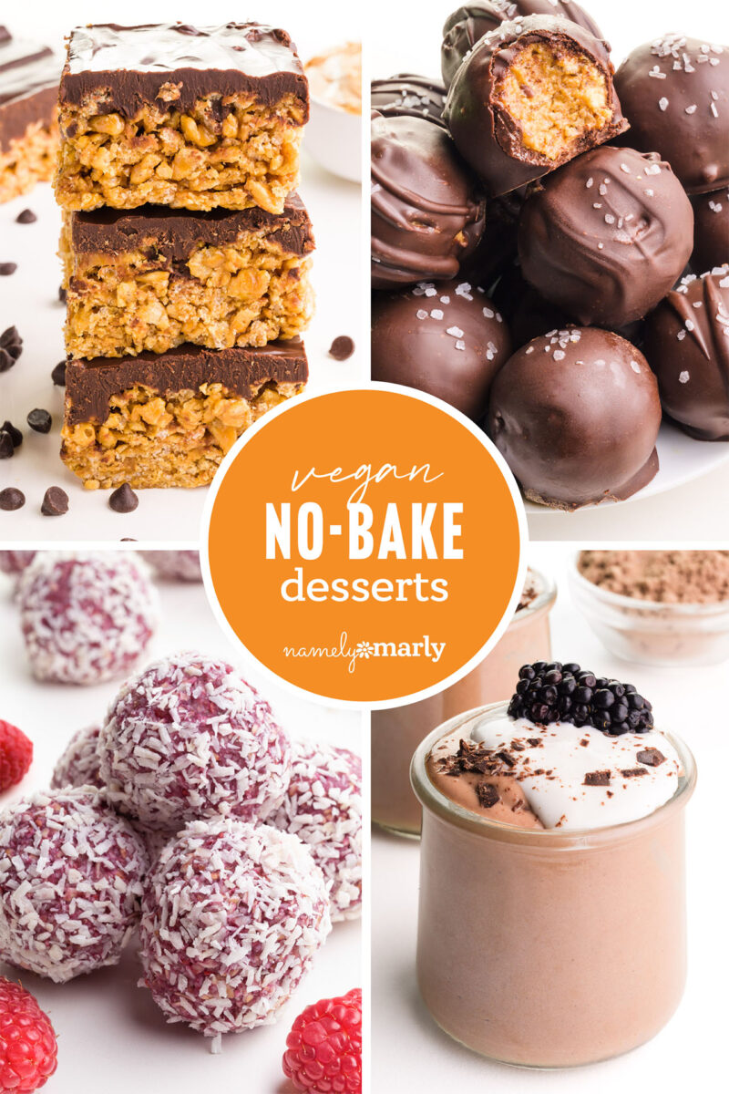 A collage of four images shows different desserts. The text reads Vegan No-Bake Desserts.