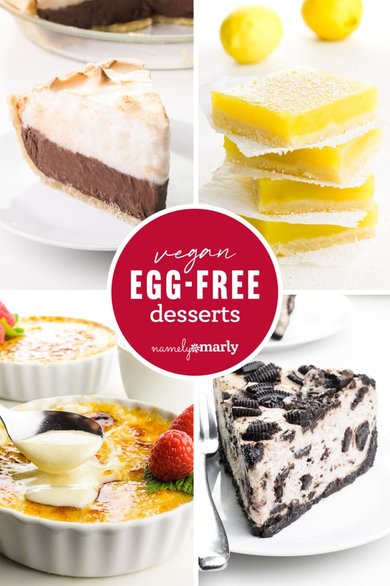 A collage of four images shows different desserts. The text reads Vegan Egg-Free Desserts.