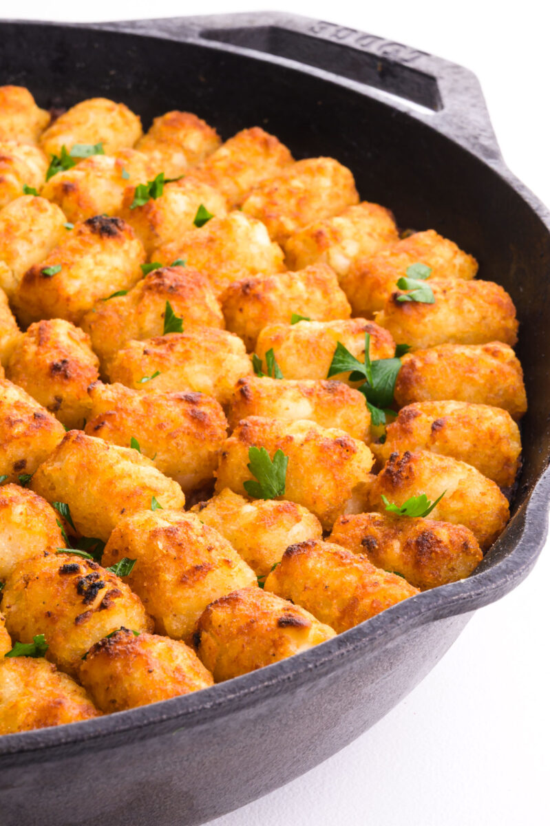 Tater tot topped shepherd's pie in a skillet.