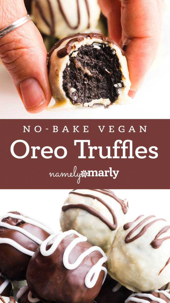 A hand holding a cut vegan Oreo truffle, with more truffles drizzled in chocolate in the background.