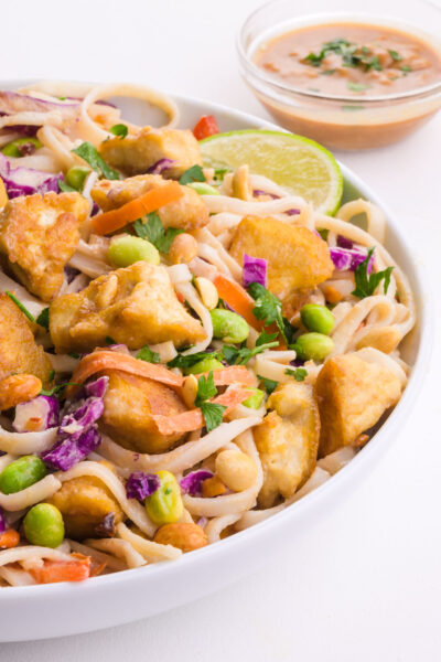 A bowl of noodles with fried tofu and other ingredients.