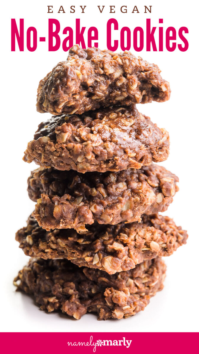 a stack of cookies in front of text that reads easy vegan no-bake cookies