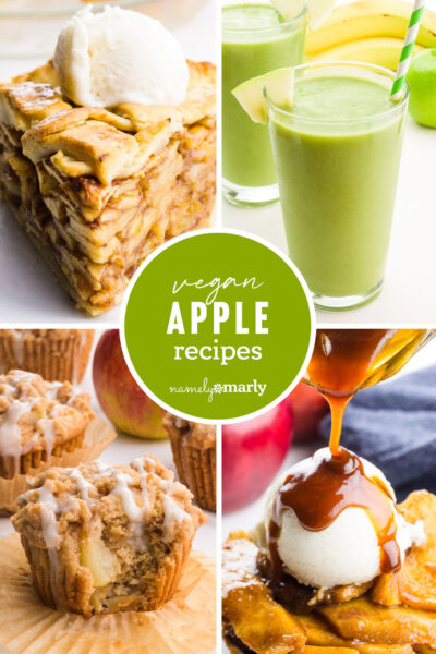 Vegan apple recipes featuring desserts, smoothies, and baked treats, showcasing apples in various delicious forms.