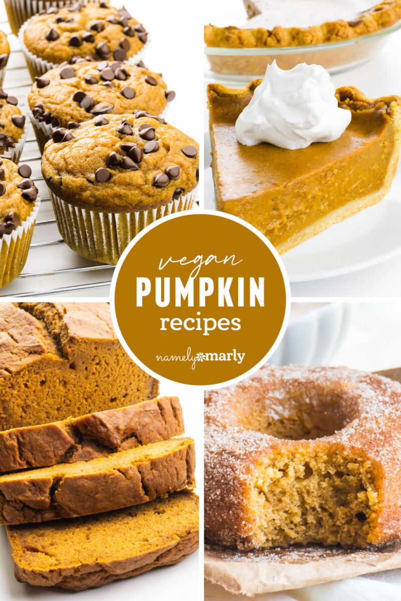 Vegan pumpkin recipes featuring muffins, pie, bread, and a sugar-dusted cake with chocolate chips.