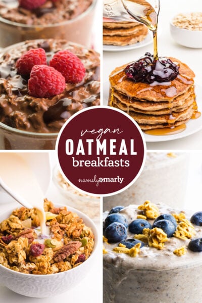 Collage of vegan oatmeal breakfasts with bowls of oatmeal, pancakes, and granola topped with fruit and syrup.