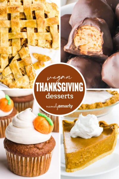 Selection of vegan Thanksgiving desserts including pie, chocolate treats, cupcakes, and pumpkin pie.