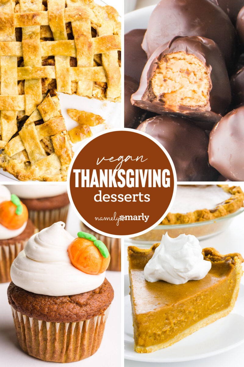 Selection of vegan Thanksgiving desserts including pie, chocolate treats, cupcakes, and pumpkin pie.