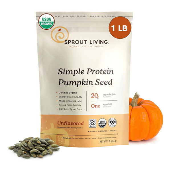 Organic pumpkin seed protein powder bag with seeds and a pumpkin, highlighting nutritional benefits and certification.