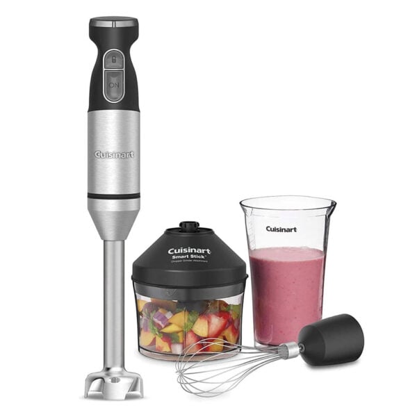 Handheld immersion blender set with chopping bowl, measuring cup, and whisk attachment, all by Cuisinart.